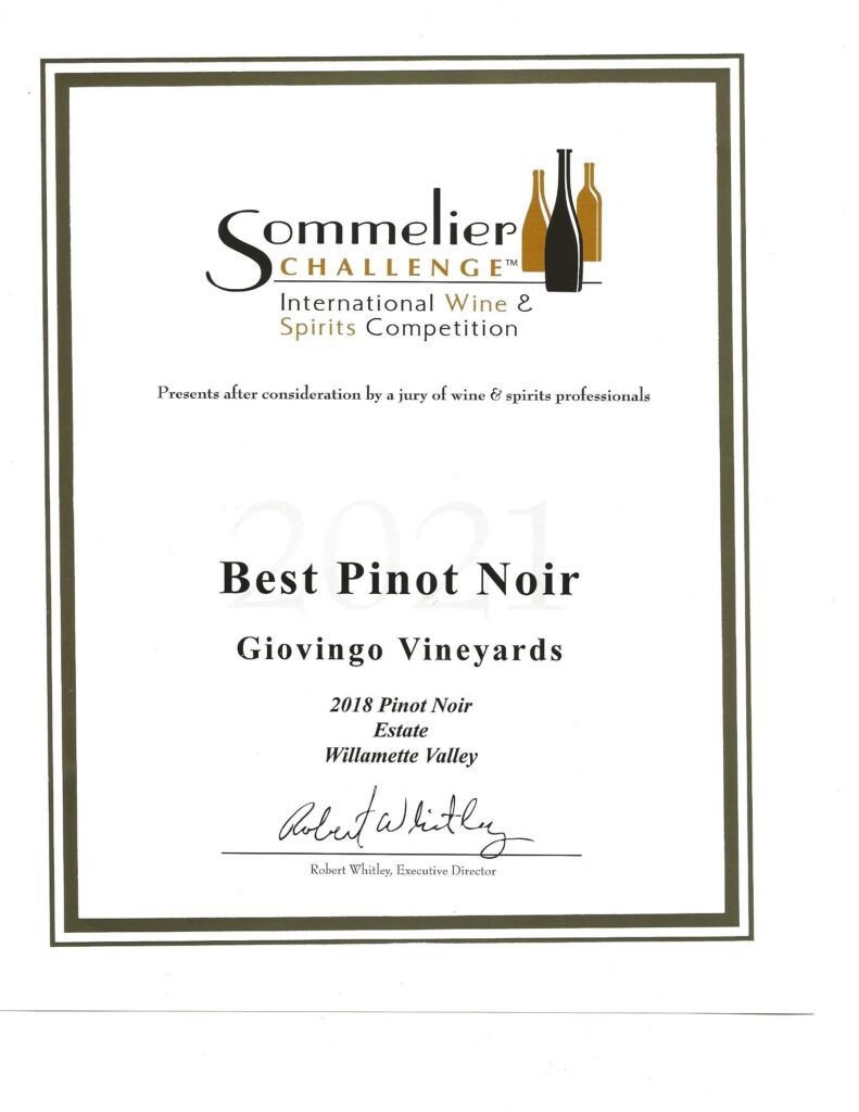 Sommelier Challenge - Best Pinot Noir - Giovingo Vineyards